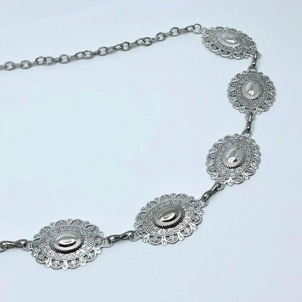 Y2K Boho Silver Ornate Oval Concho Chain Belt, Fits 25.5-45 Inches, X7GA1151